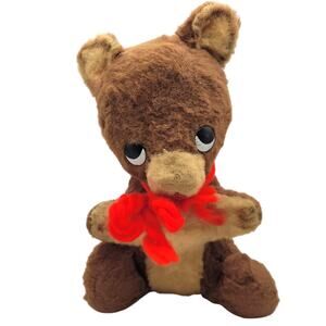 Vintage Worn Plush Teddy Bear Brown & Tan with Red Bow Plastic Eyes 10"